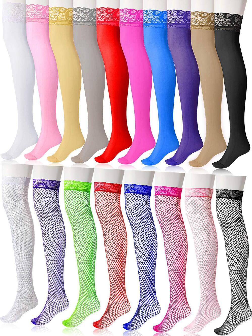 2979 18 Pairs Fishnet Thigh High Stockings Sheer Lace Top Silicone Silky